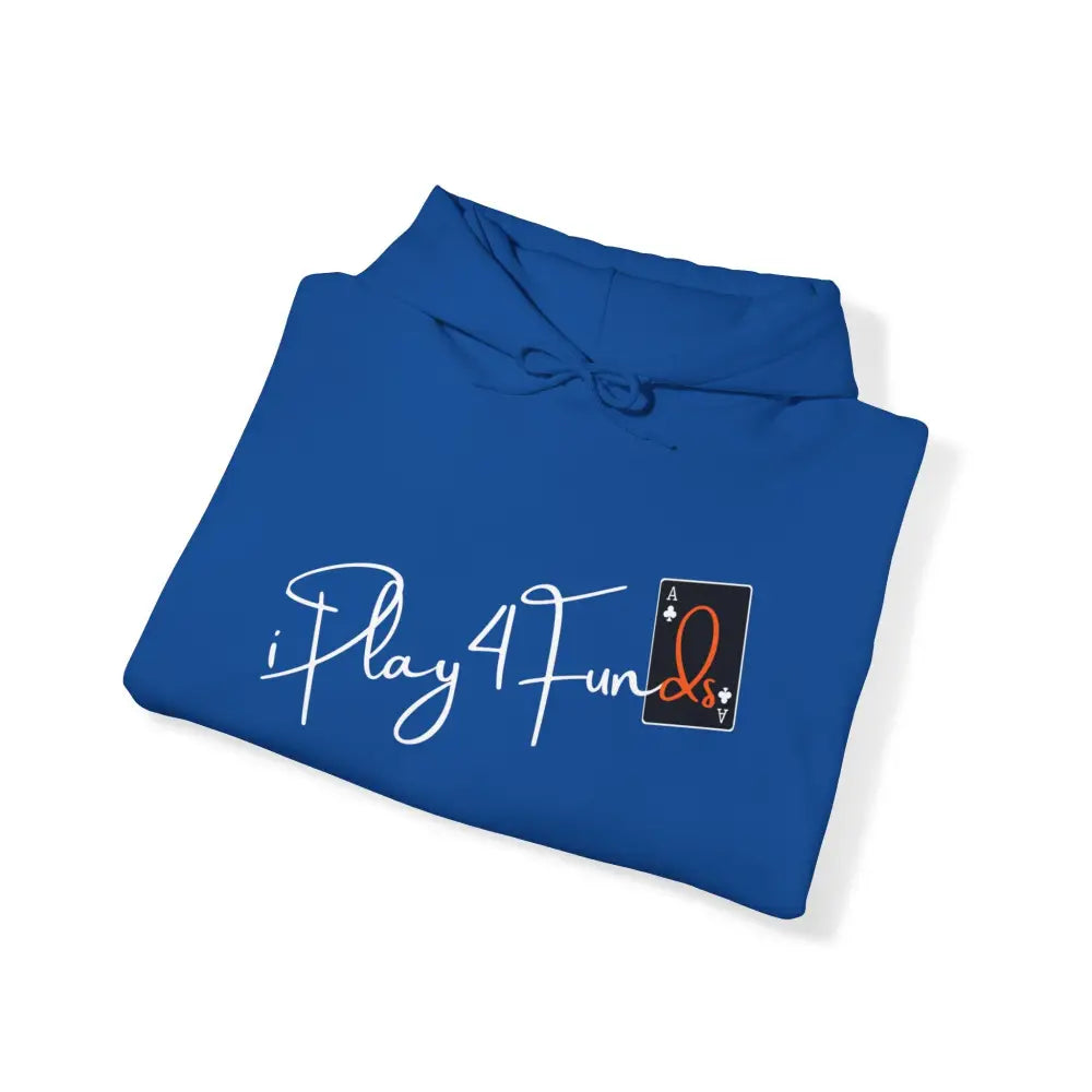 Blue iPlay4Funds Poker apparel Hoodie featuring the iconic ‘iPlay4Funds’ logo on the chest. Crafted from a cotton-polyester blend, perfect for poker players who want to showcase their passion and stay cozy.