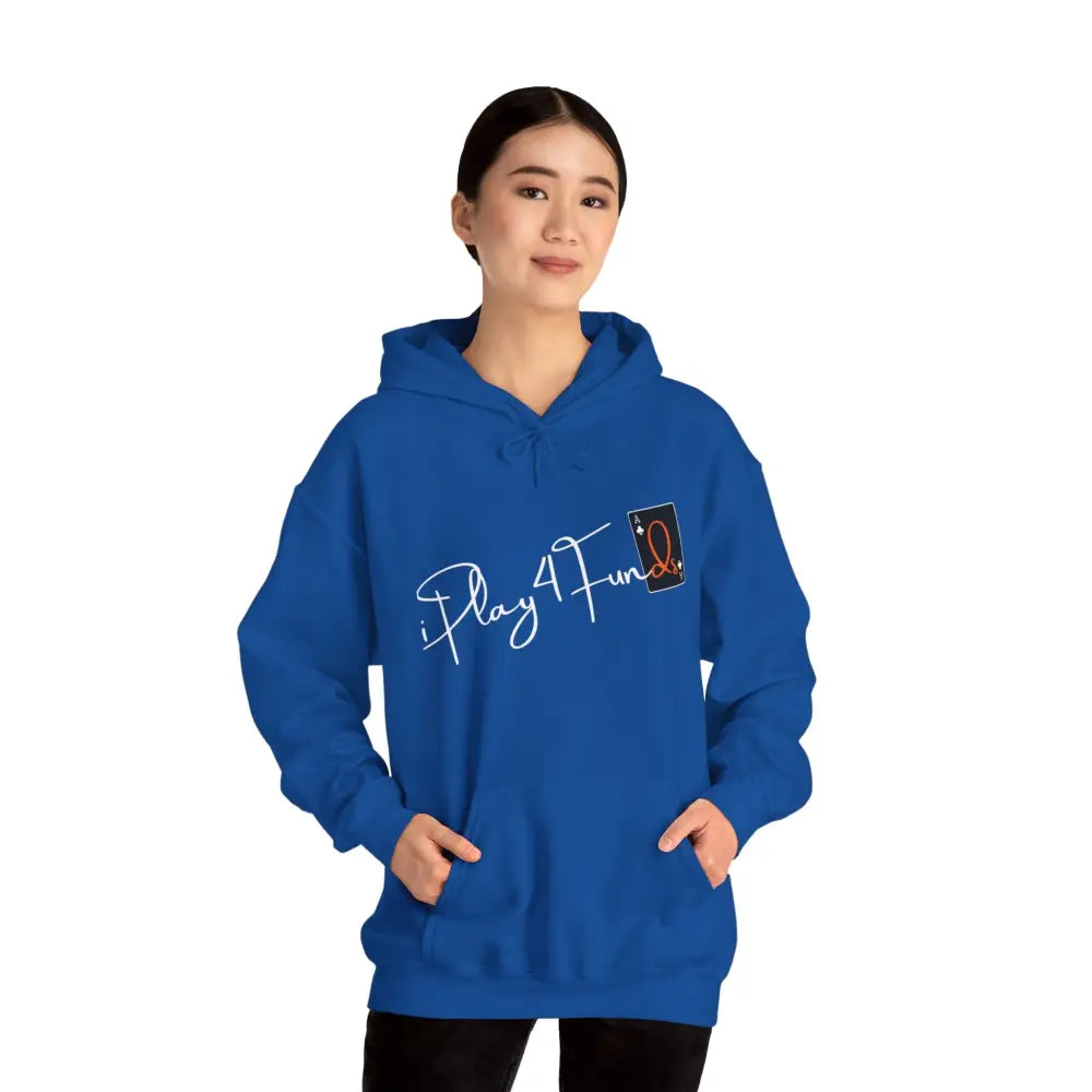 Blue iPlay4Funds Poker apparel Hoodie featuring the iconic ‘iPlay4Funds’ logo on the chest. Crafted from a cotton-polyester blend, perfect for poker players who want to showcase their passion and stay cozy.