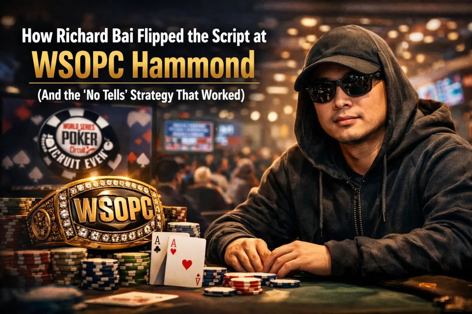 Richard Bai winning WSOPC Hammond Main Event in professional poker apparel - The Grinder's Log
