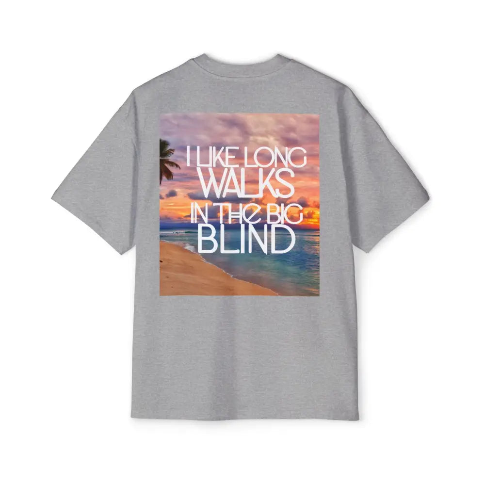 Sports Gray Oversized men's poker t-shirt with "Long Walks in the Big Blind" quote on back – funny poker gift idea for players. 