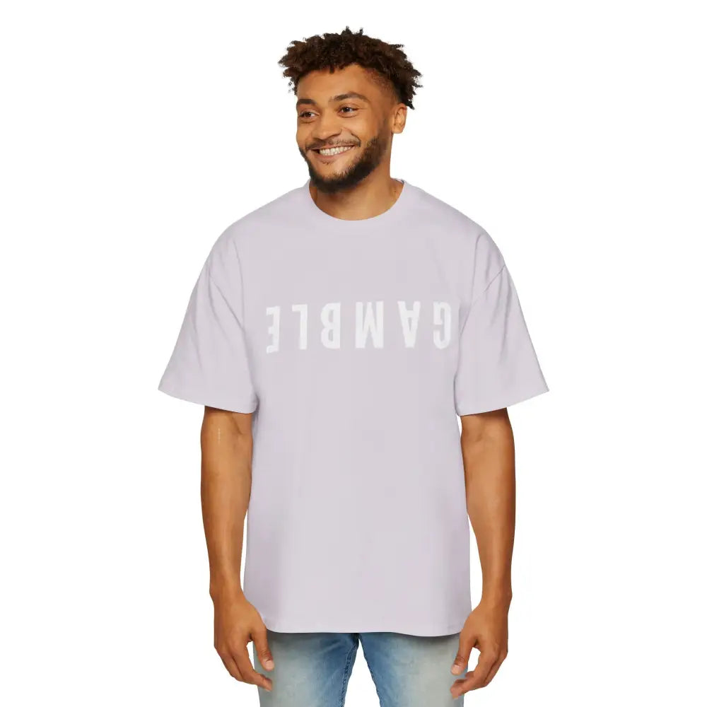 Light Purple Oversized men's poker t-shirt with "Long Walks in the Big Blind" quote on back – funny poker gift idea for players. 
Front: GAMBLE