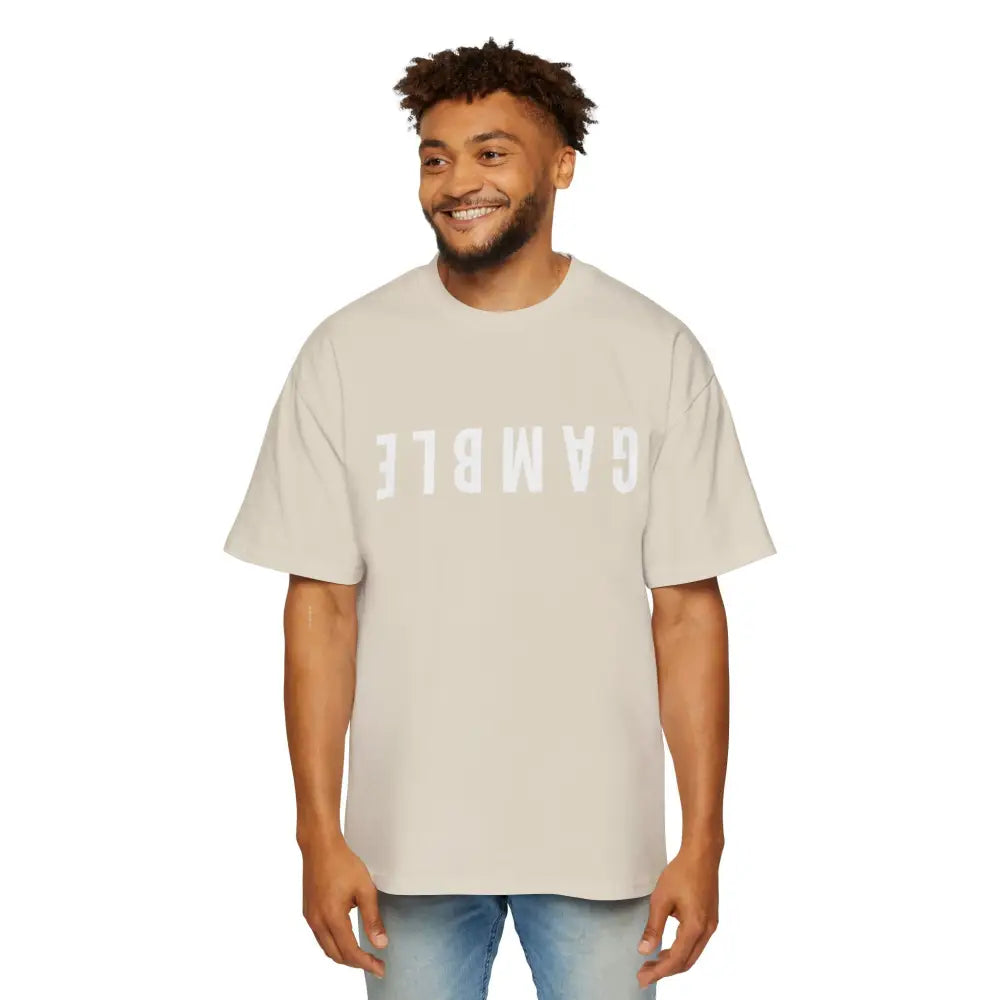 Tan Oversized men's poker t-shirt with "Long Walks in the Big Blind" quote on back – funny poker gift idea for players. 