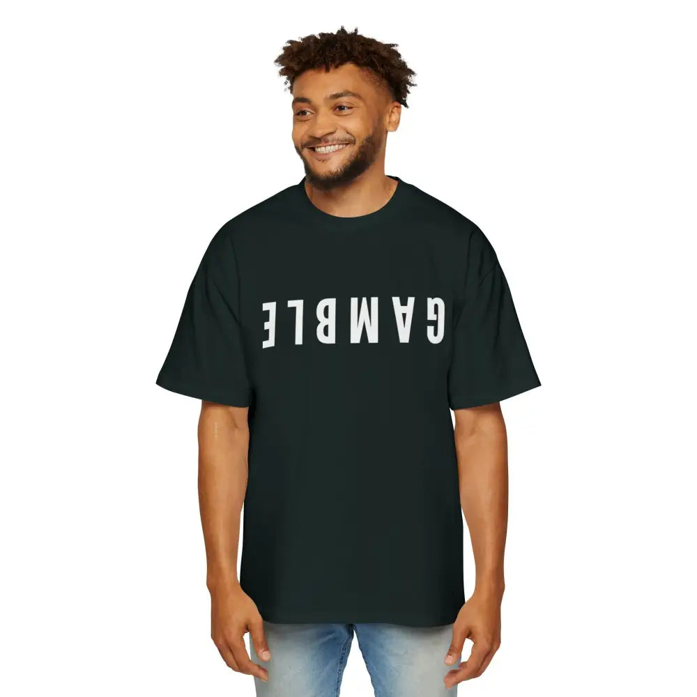 Green Oversized men's poker t-shirt with "Long Walks in the Big Blind" quote on back – funny poker gift idea for players. 
Front: GAMBLE