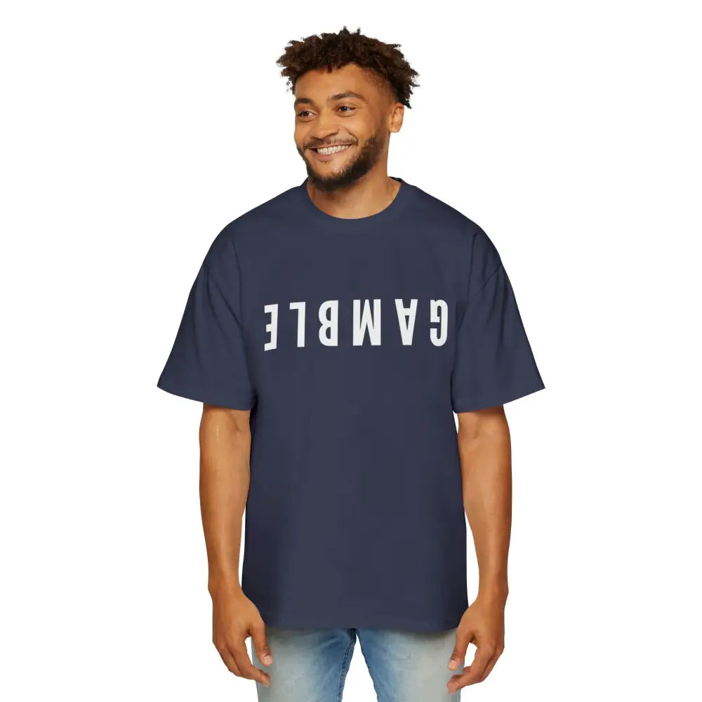 Blue Oversized men's poker t-shirt with "Long Walks in the Big Blind" quote on back – funny poker gift idea for players. 
Front: GAMBLE