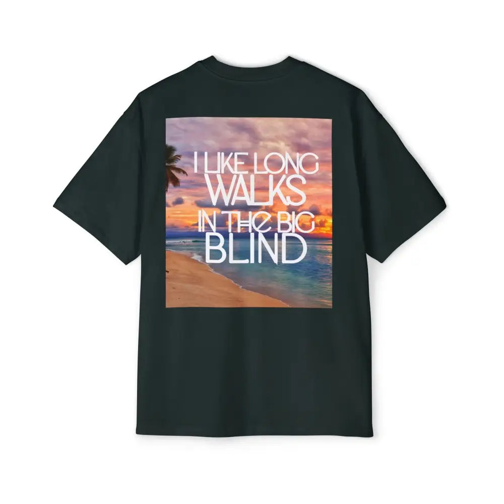 Green Oversized men's poker t-shirt with "Long Walks in the Big Blind" quote on back – funny poker gift idea for players. 
Front: GAMBLE