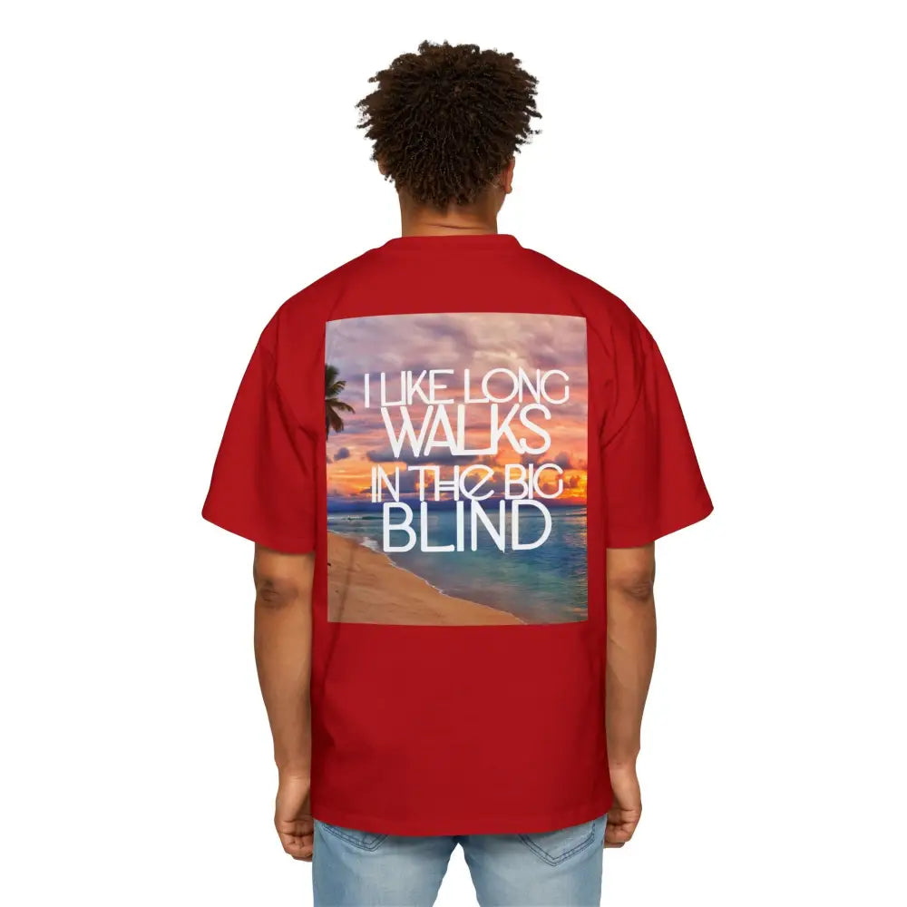 Red Oversized men's poker t-shirt with "Long Walks in the Big Blind" quote on back – funny poker gift idea for players. 
Front: GAMBLE