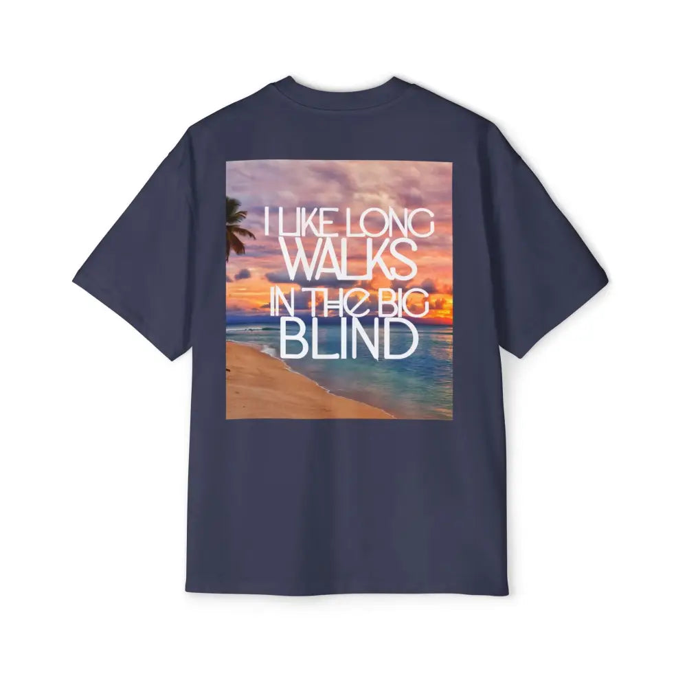 Blue Oversized men's poker t-shirt with "Long Walks in the Big Blind" quote on back – funny poker gift idea for players. 
Front: GAMBLE