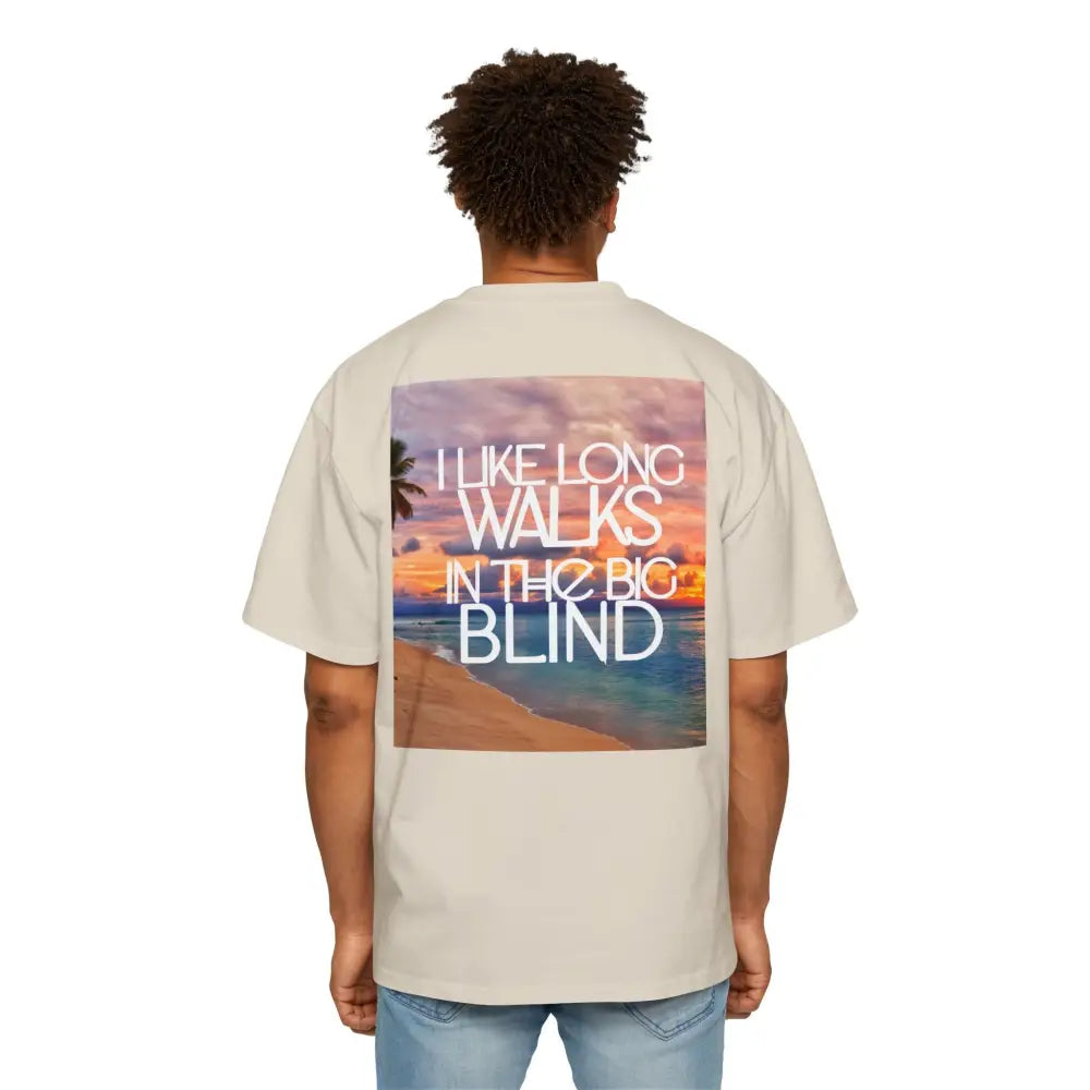 Tan Oversized men's poker t-shirt with "Long Walks in the Big Blind" quote on back – funny poker gift idea for players. 