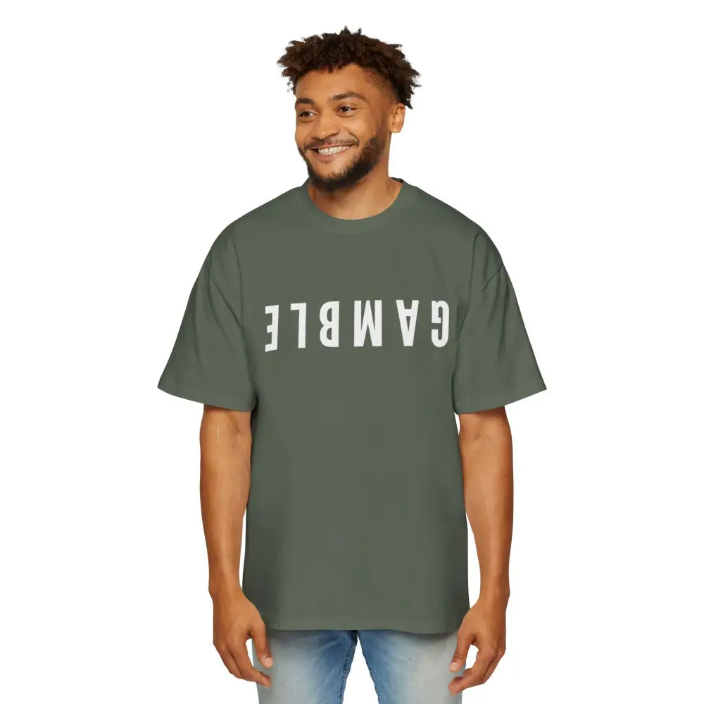 Green Oversized men's poker t-shirt with "Long Walks in the Big Blind" quote on back – funny poker gift idea for players. 
Front: GAMBLE