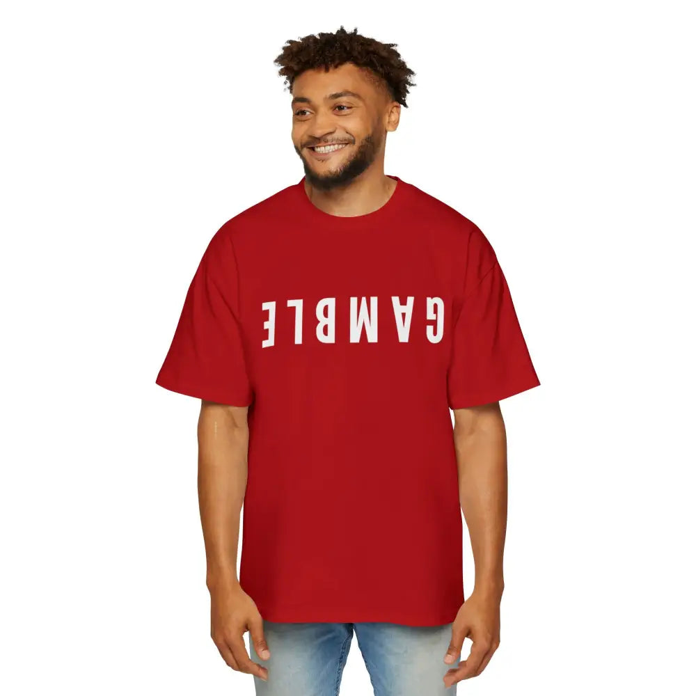 Red Oversized men's poker t-shirt with "Long Walks in the Big Blind" quote on back – funny poker gift idea for players. 
Front: GAMBLE