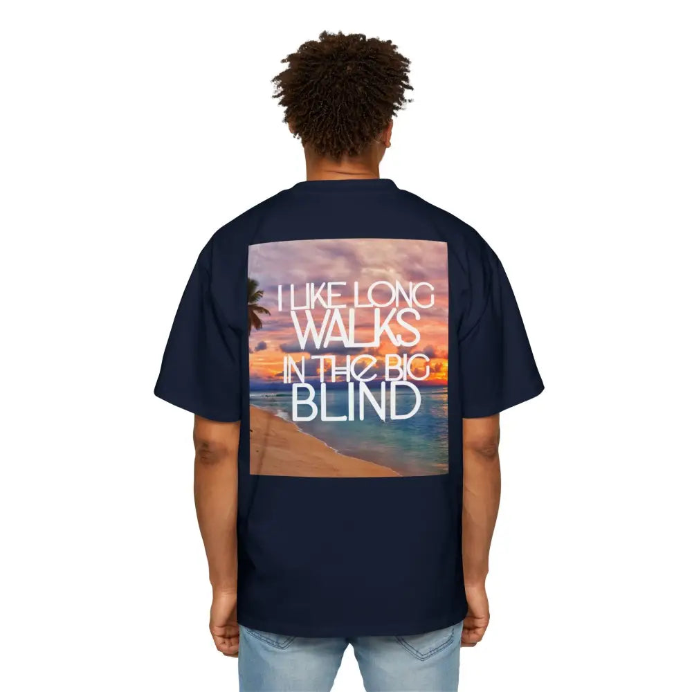 Blue Oversized men's poker t-shirt with "Long Walks in the Big Blind" quote on back – funny poker gift idea for players. 
Front: GAMBLE