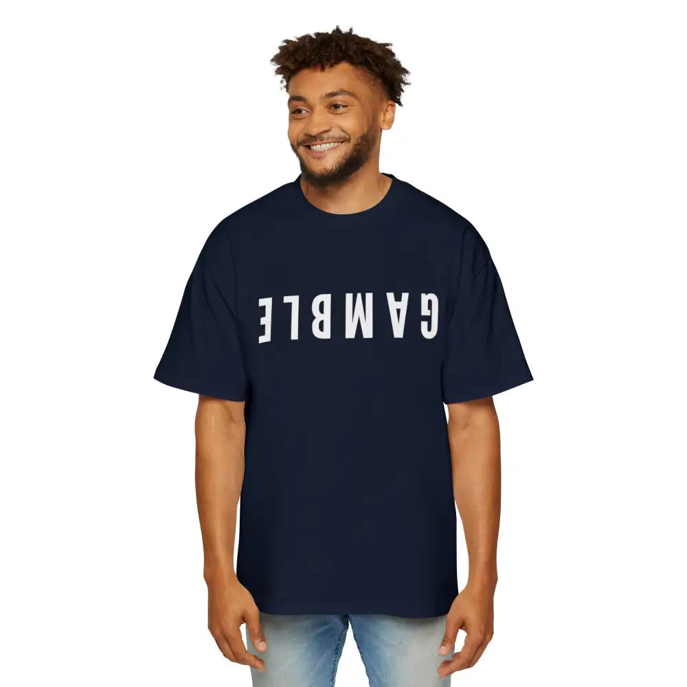 Blue Oversized men's poker t-shirt with "Long Walks in the Big Blind" quote on back – funny poker gift idea for players. 
Front: GAMBLE