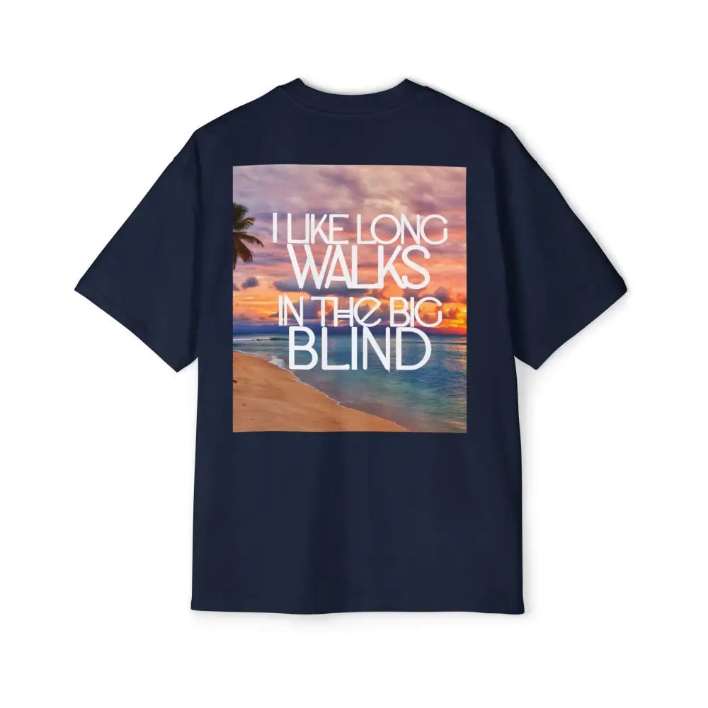 Blue Oversized men's poker t-shirt with "Long Walks in the Big Blind" quote on back – funny poker gift idea for players. 
Front: GAMBLE