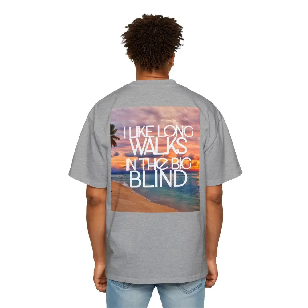 Sports Gray Oversized men's poker t-shirt with "Long Walks in the Big Blind" quote on back – funny poker gift idea for players. 