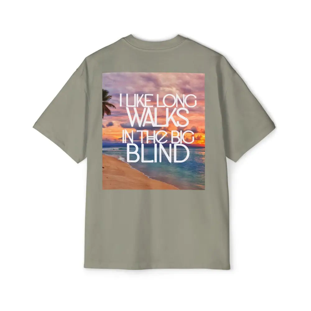 Light Green Gray Oversized men's poker t-shirt with "Long Walks in the Big Blind" quote on back – funny poker gift idea for players. 
Front: GAMBLE