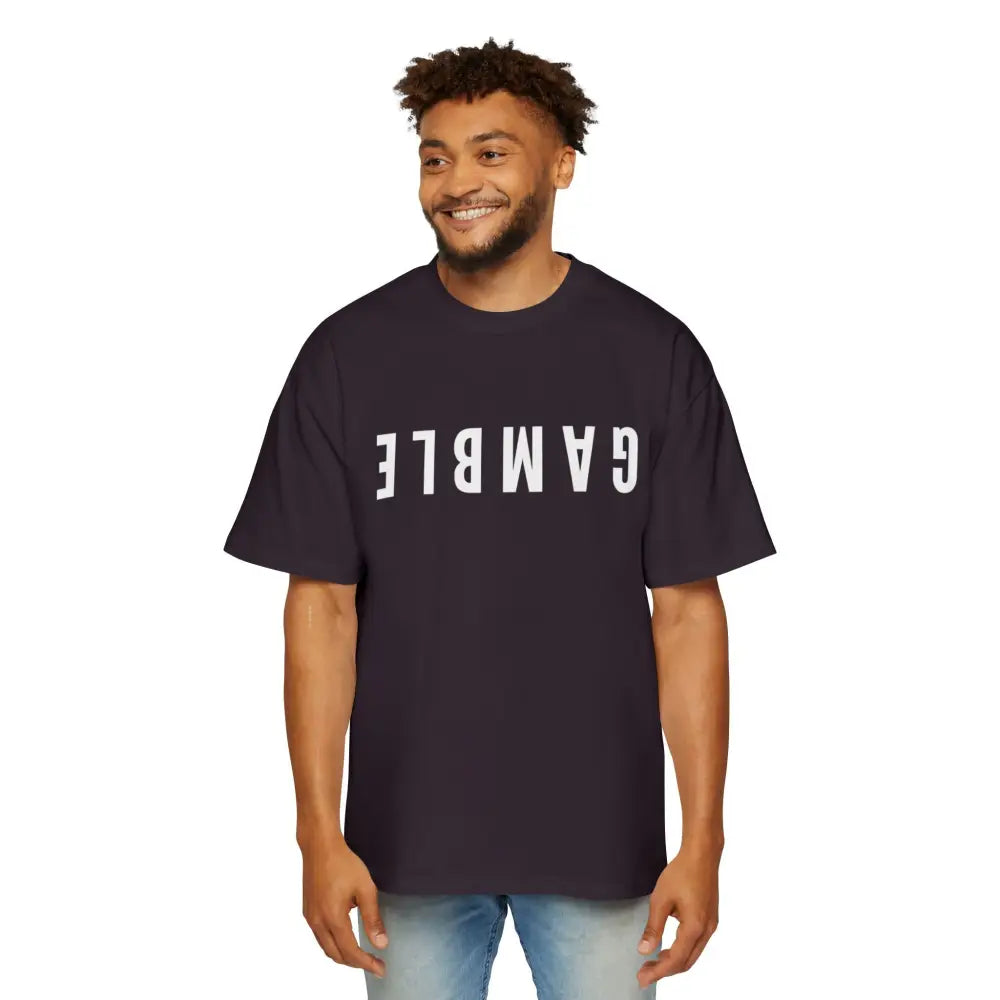 Purple Oversized men's poker t-shirt with "Long Walks in the Big Blind" quote on back – funny poker gift idea for players. 
Front: GAMBLE
