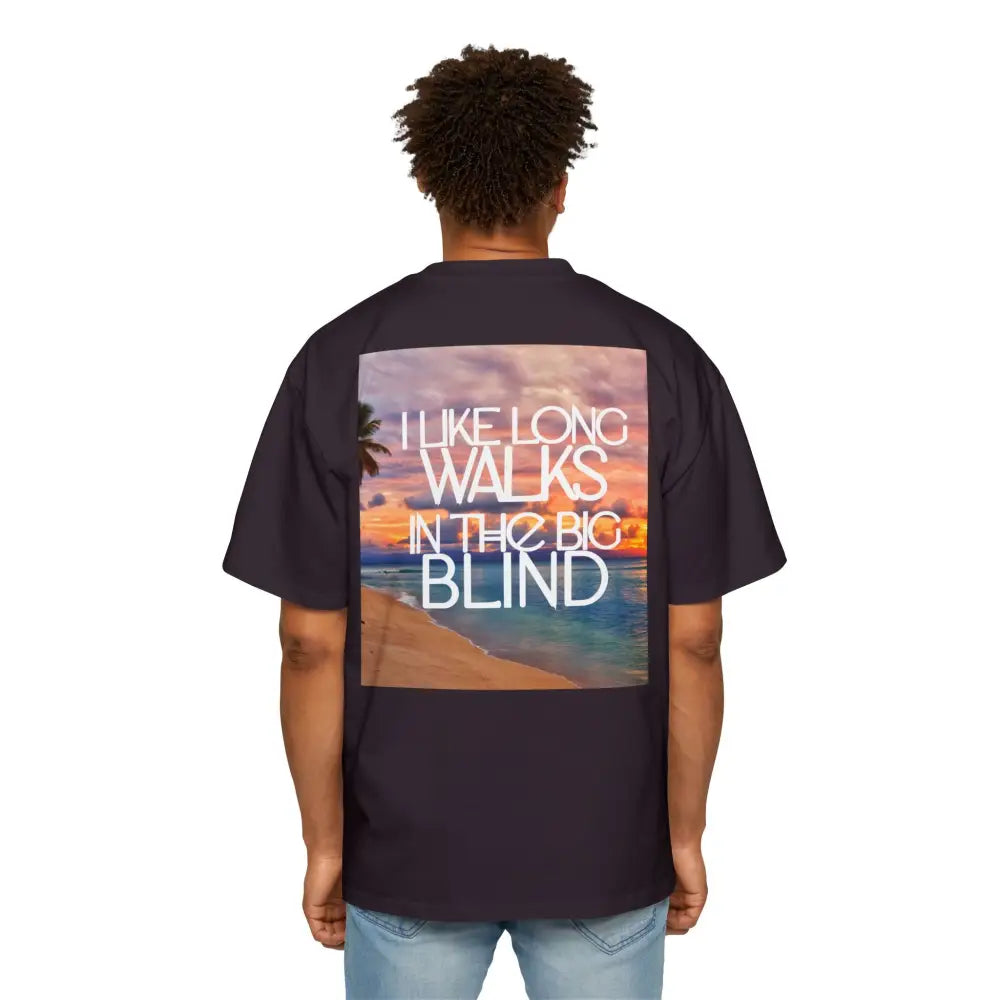 Purple Oversized men's poker t-shirt with "Long Walks in the Big Blind" quote on back – funny poker gift idea for players. 
Front: GAMBLE