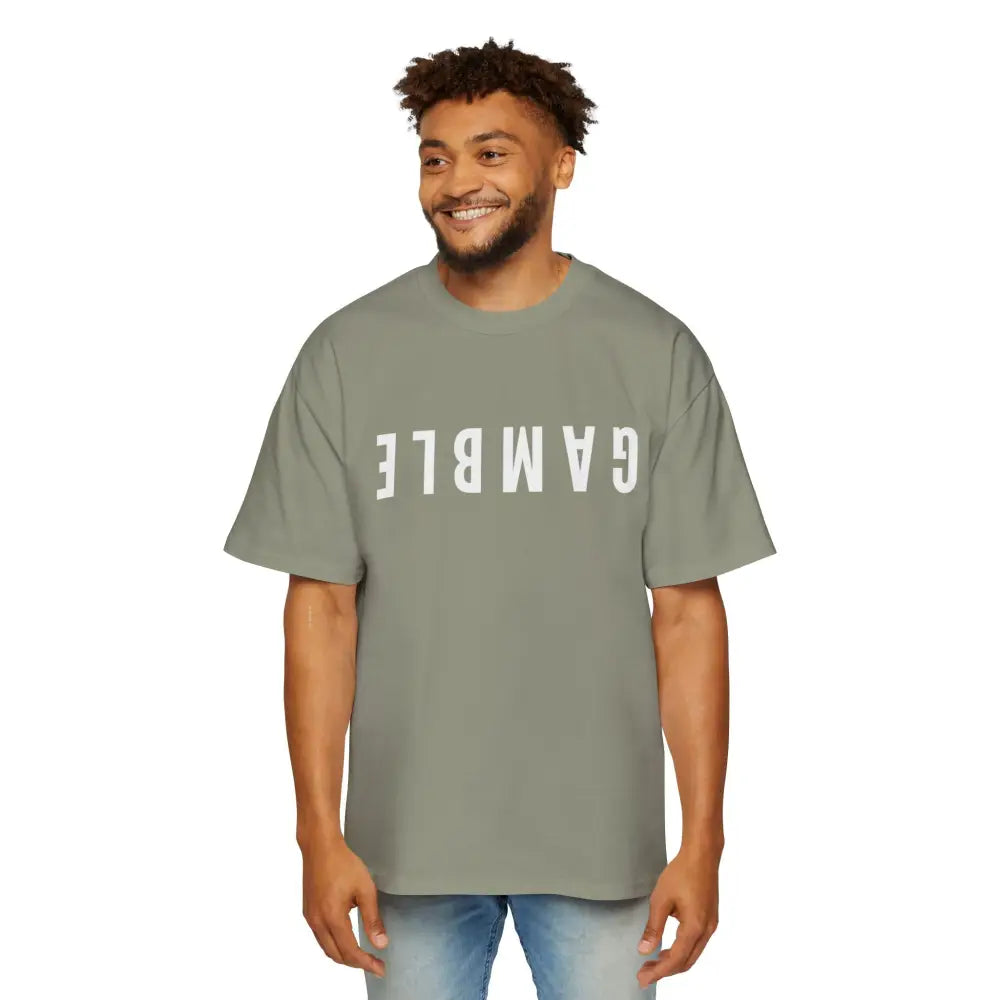 Light Green Gray Oversized men's poker t-shirt with "Long Walks in the Big Blind" quote on back – funny poker gift idea for players. 
Front: GAMBLE