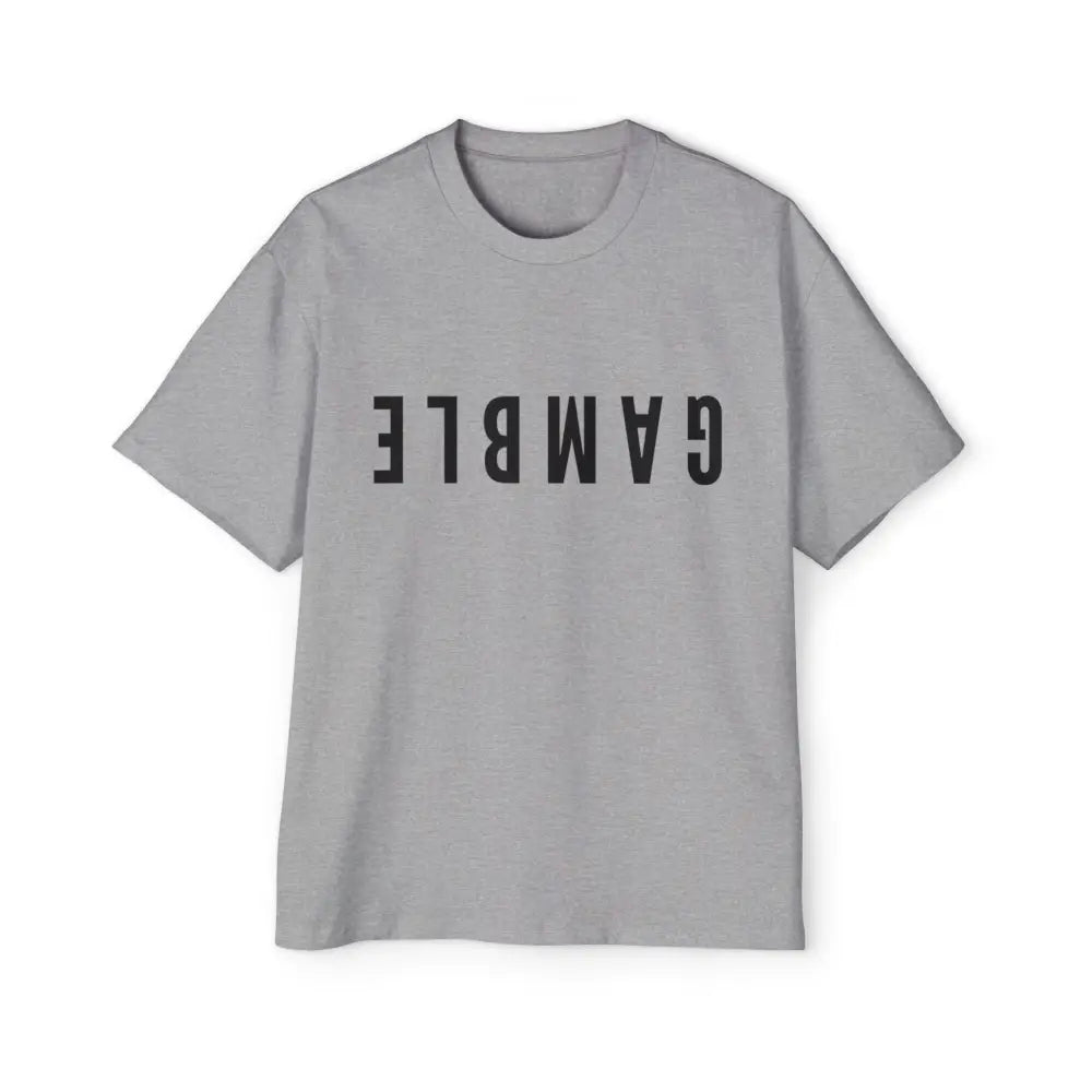 Gray Oversized men's poker t-shirt with "Long Walks in the Big Blind" quote on back – funny poker gift idea for players.
Front: GAMBLE