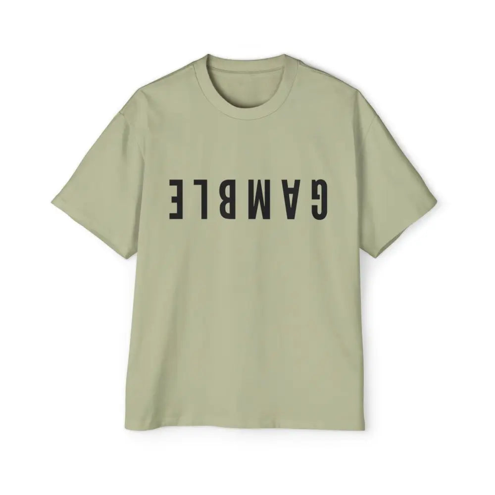 Light Green Oversized men's poker t-shirt with "Long Walks in the Big Blind" quote on back – funny poker gift idea for players.
Front: GAMBLE (Black Text)