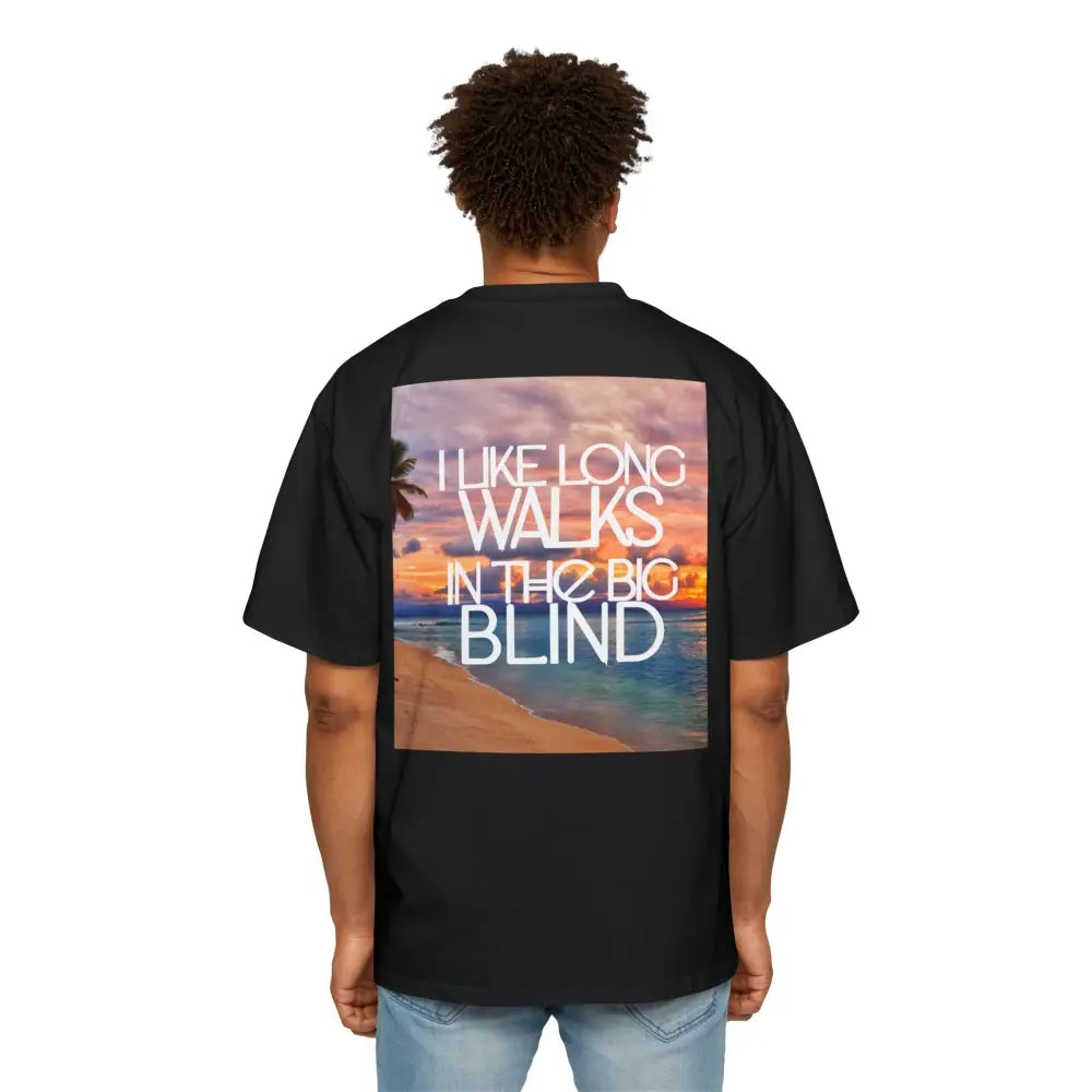 Back of Oversized men's poker t-shirt with "Long Walks in the Big Blind" quote – funny poker gift idea for players. The word GAMBLE on front of shirt.