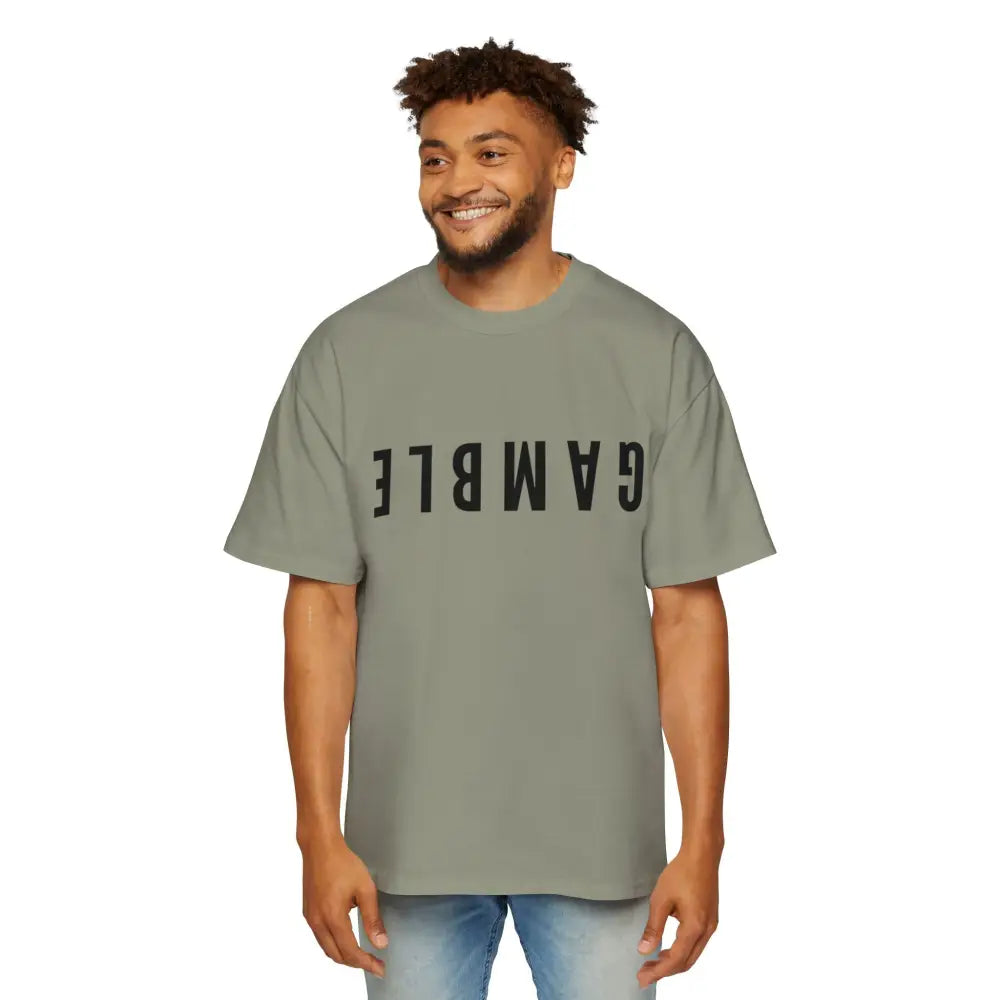 Old Green Oversized men's poker t-shirt with "Long Walks in the Big Blind" quote on back in white text – funny poker gift idea for players.
Front: GAMBLE (Black Text)