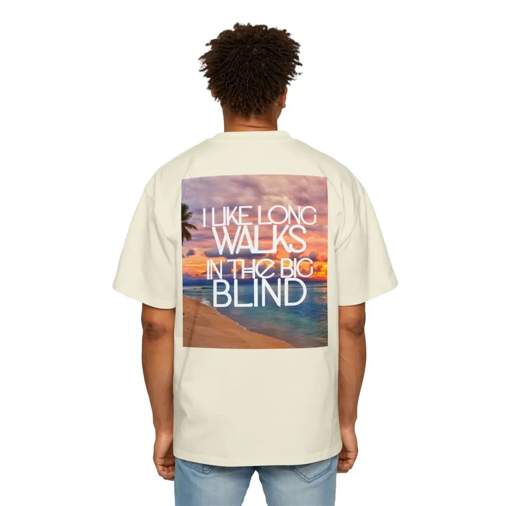 Creme Oversized men's poker t-shirt with "Long Walks in the Big Blind" quote on back in creme text – funny poker gift idea for players.
Front: GAMBLE (Black Text)