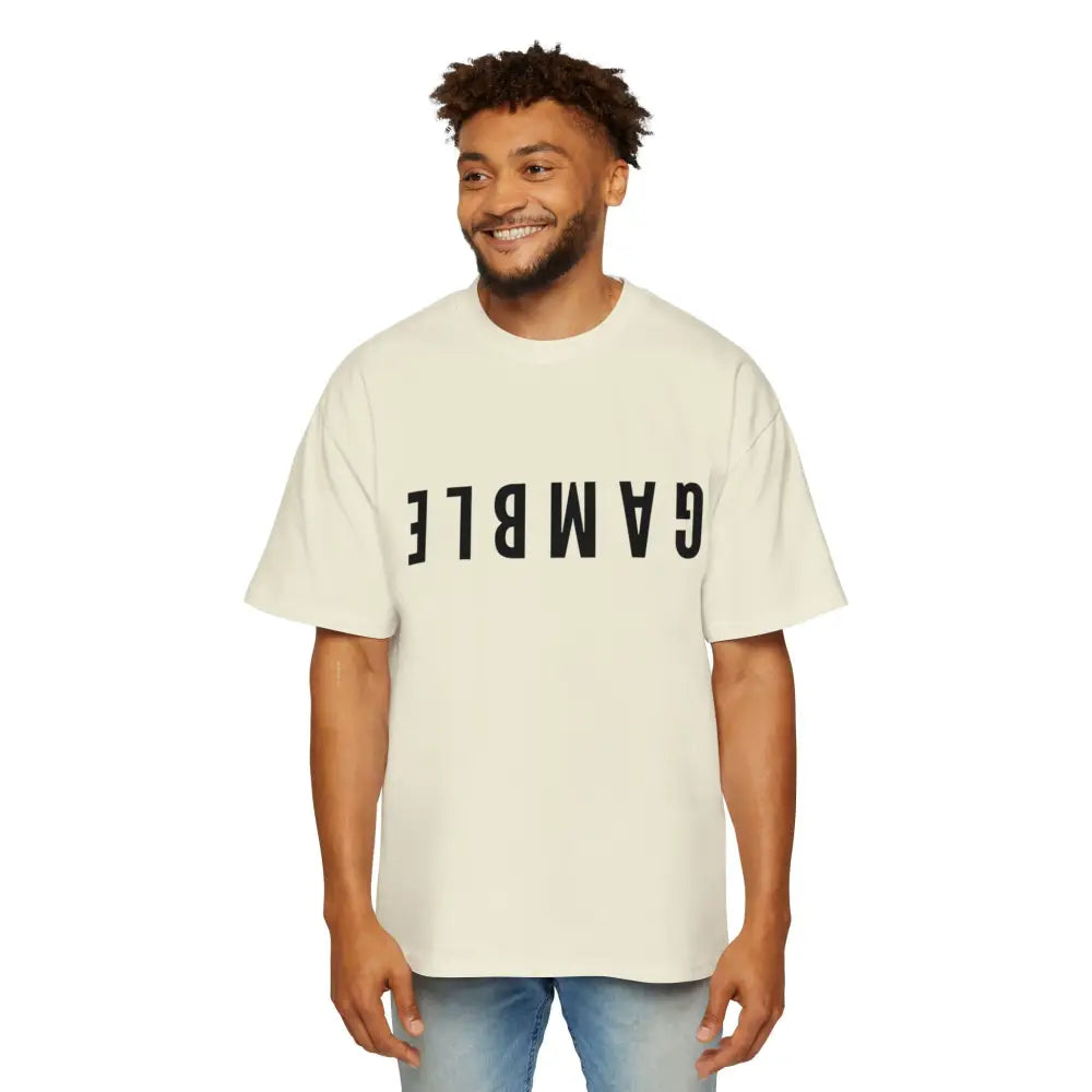 Creme Oversized men's poker t-shirt with "Long Walks in the Big Blind" quote on back in creme text – funny poker gift idea for players.
Front: GAMBLE (Black Text)