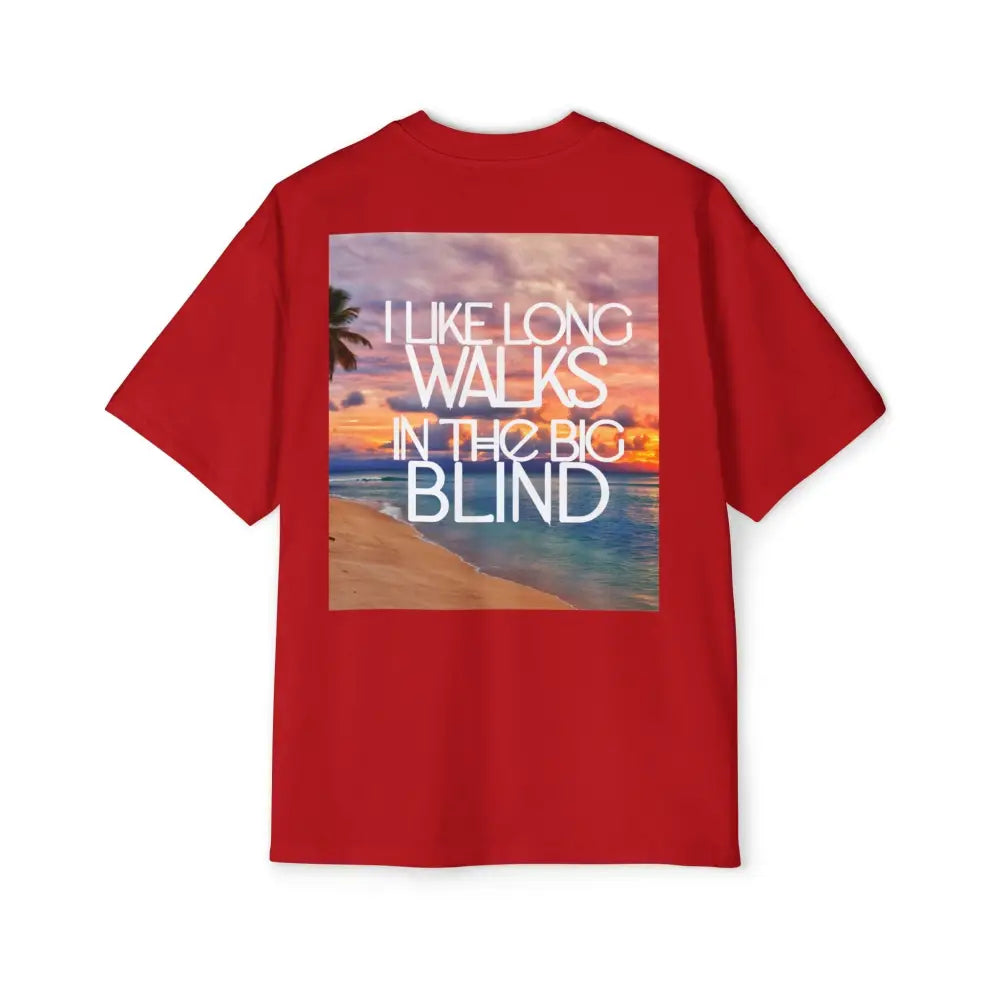 Back: Oversized men's poker t-shirt with "Long Walks in the Big Blind" quote – funny poker gift idea for players. 
Front: GAMBLE