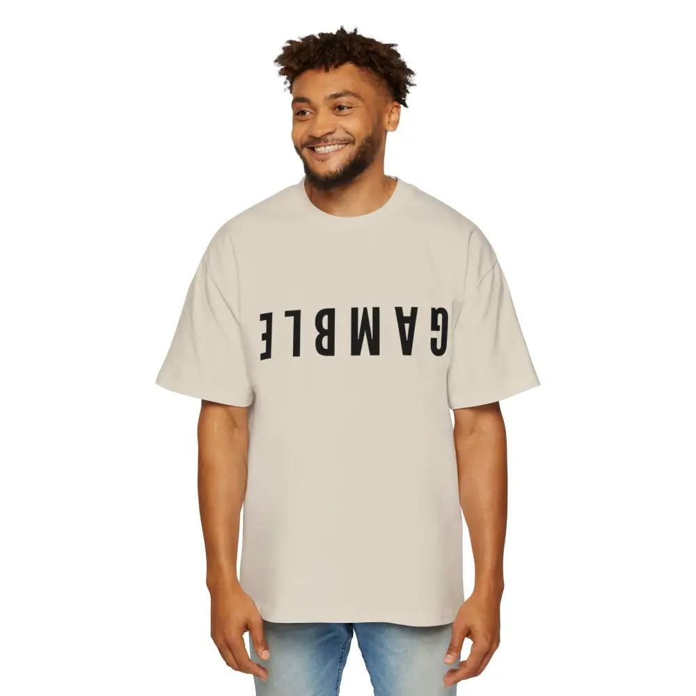 Tan Oversized men's poker t-shirt with "Long Walks in the Big Blind" quote on back in tan text – funny poker gift idea for players.
Front: GAMBLE (Black Text)