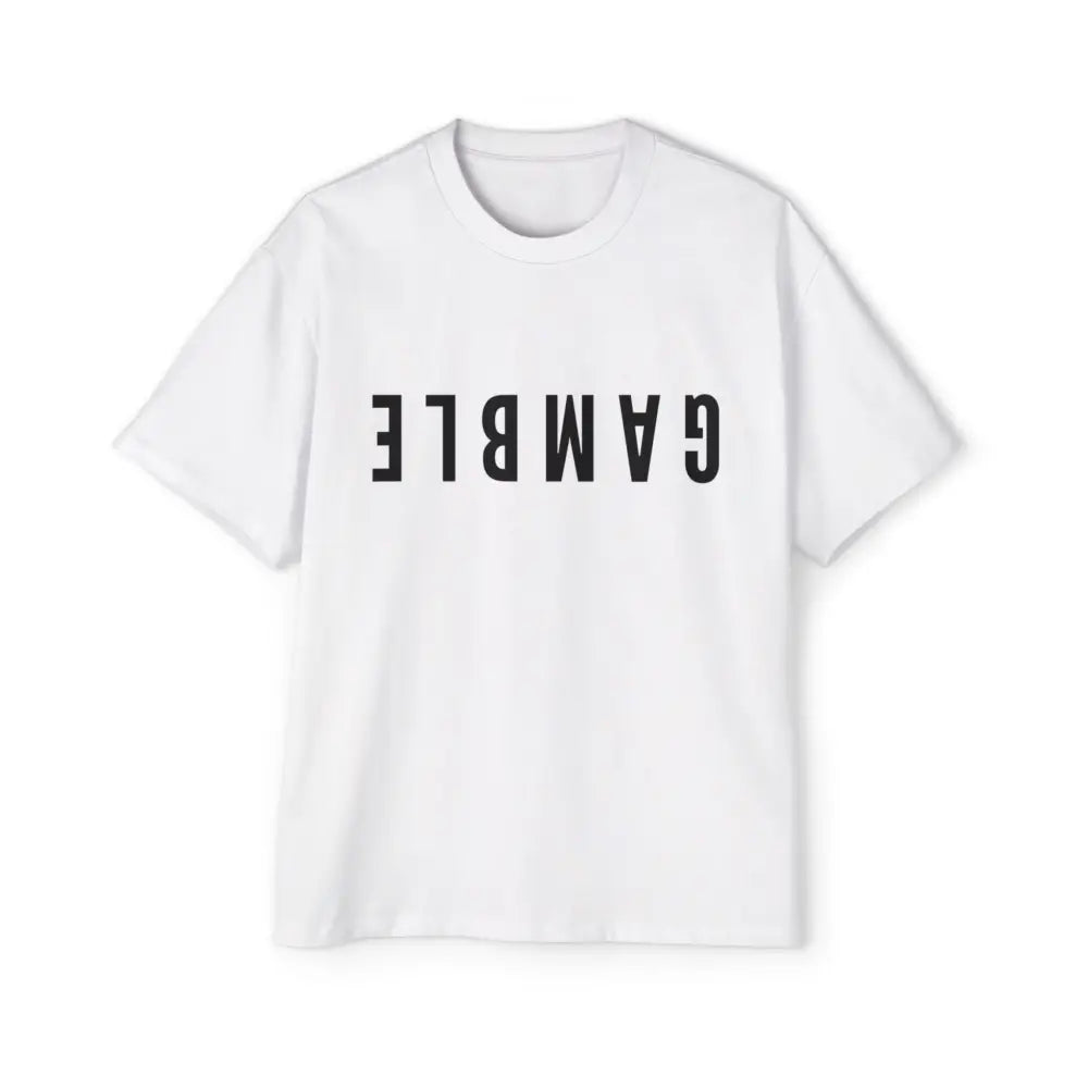 White Oversized men's poker t-shirt with "Long Walks in the Big Blind" quote on back – funny poker gift idea for players.
Front: GAMBLE