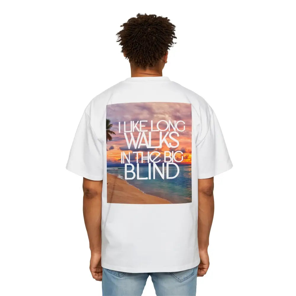 White Oversized men's poker t-shirt with "Long Walks in the Big Blind" quote on back – funny poker gift idea for players.
Front: GAMBLE (Black Text)