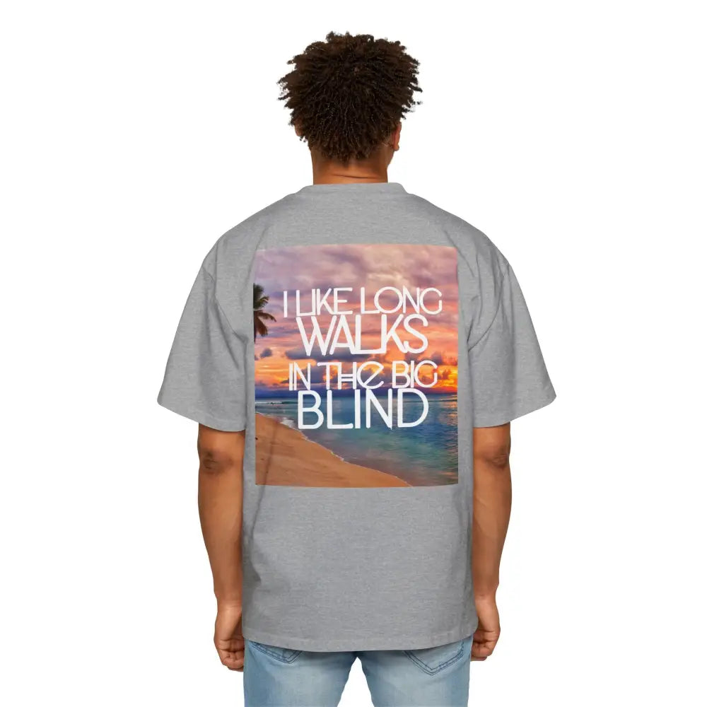 Gray Oversized men's poker t-shirt with "Long Walks in the Big Blind" quote on back in white text – funny poker gift idea for players.
Front: GAMBLE (Black Text)