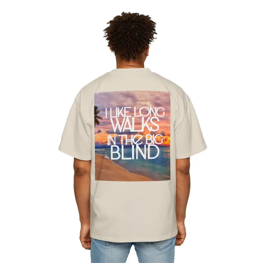 Tan Oversized men's poker t-shirt with "Long Walks in the Big Blind" quote on back in tan text – funny poker gift idea for players.
Front: GAMBLE (Black Text)