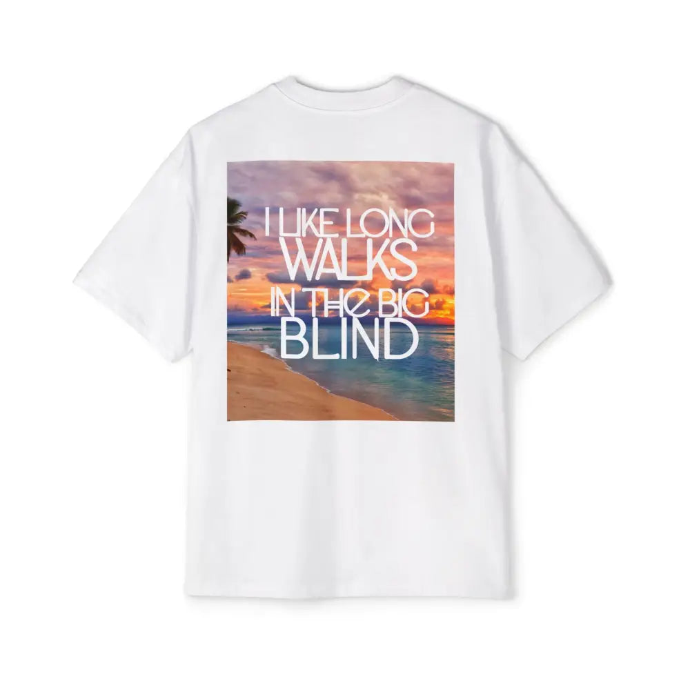 White Oversized men's poker t-shirt with "Long Walks in the Big Blind" quote on back – funny poker gift idea for players.
Front: GAMBLE (Black Text)