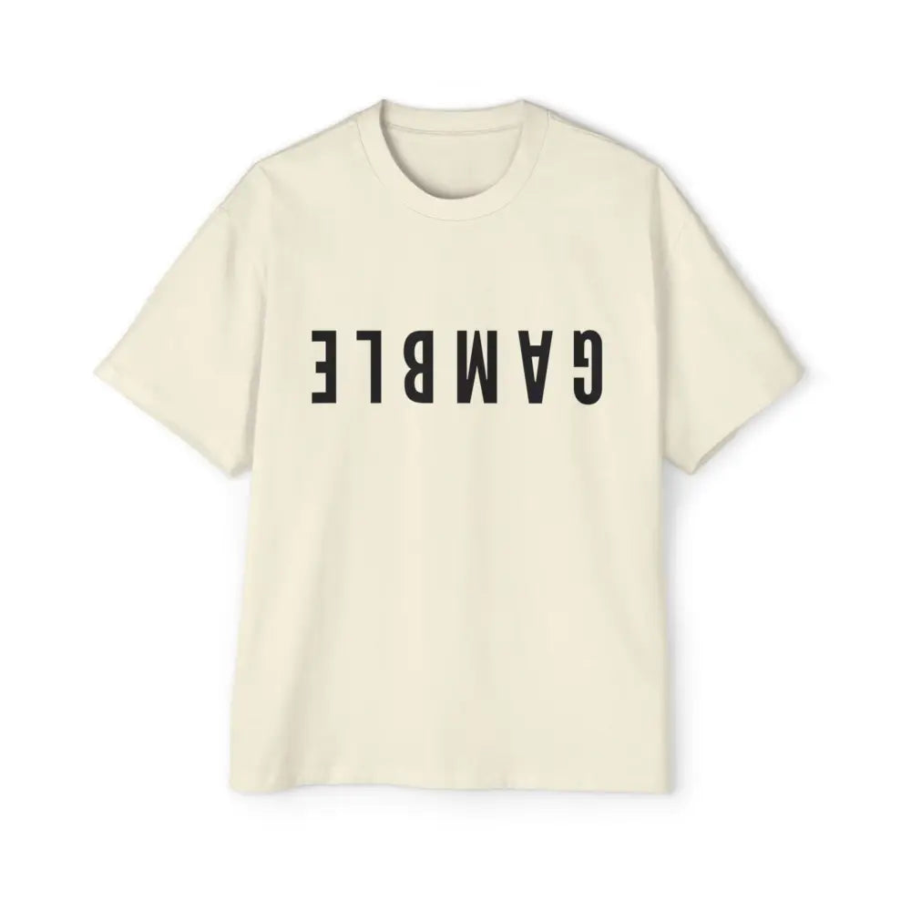 Cream Oversized men's poker t-shirt with "Long Walks in the Big Blind" quote on back – funny poker gift idea for players.
Front: GAMBLE