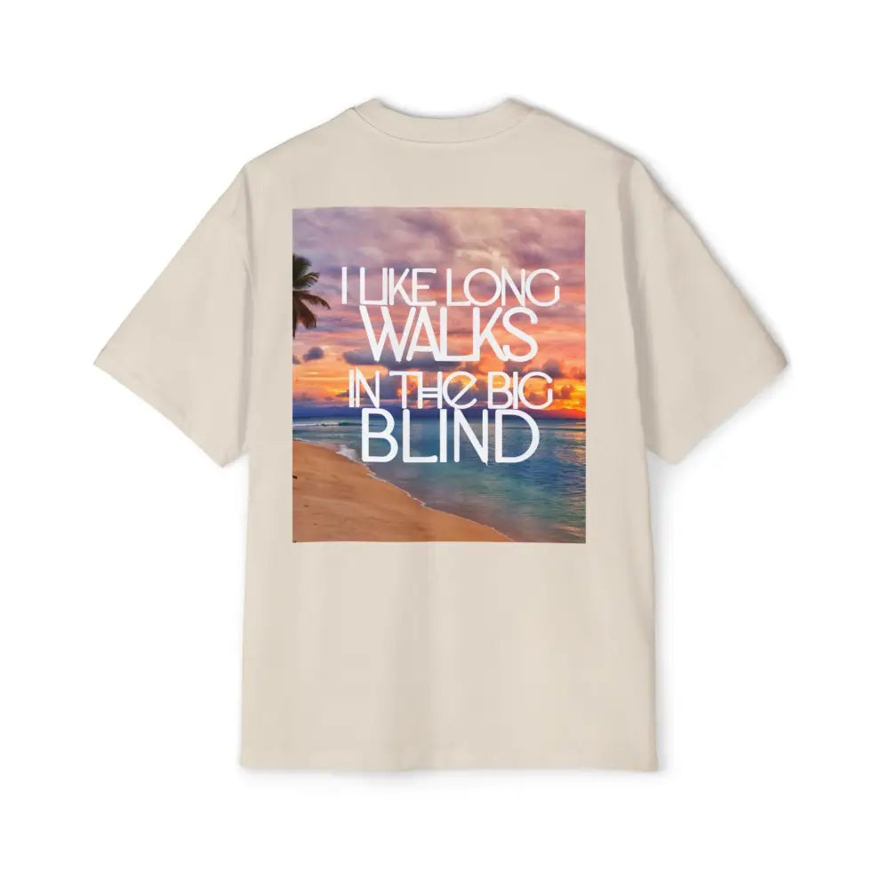 Tan Oversized men's poker t-shirt with "Long Walks in the Big Blind" quote on back in tan text – funny poker gift idea for players.
Front: GAMBLE (Black Text)