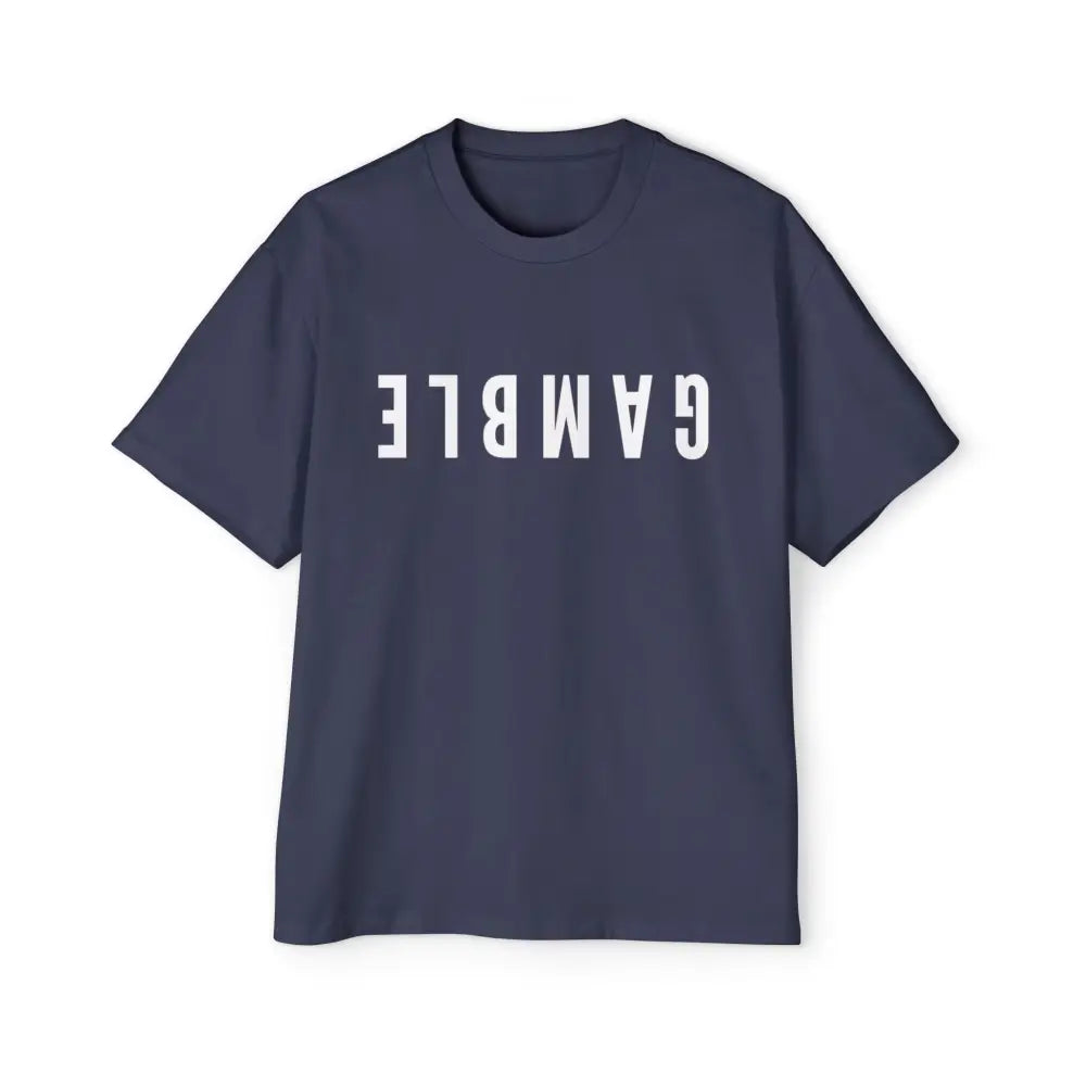 A blue oversized t-shirt with the word 'GAMBLE' printed in white letters on the front. Thick. Comfy.