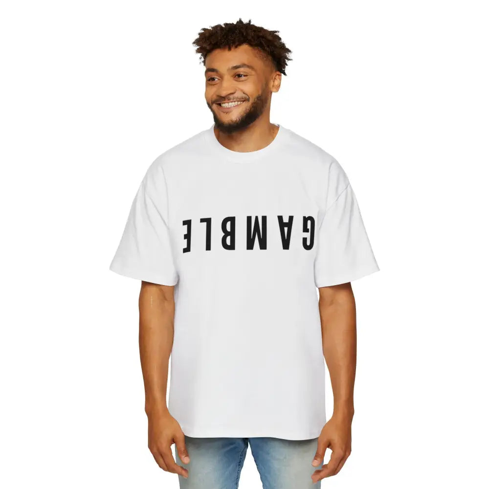White Oversized men's poker t-shirt with "Long Walks in the Big Blind" quote on back – funny poker gift idea for players.
Front: GAMBLE (Black Text)