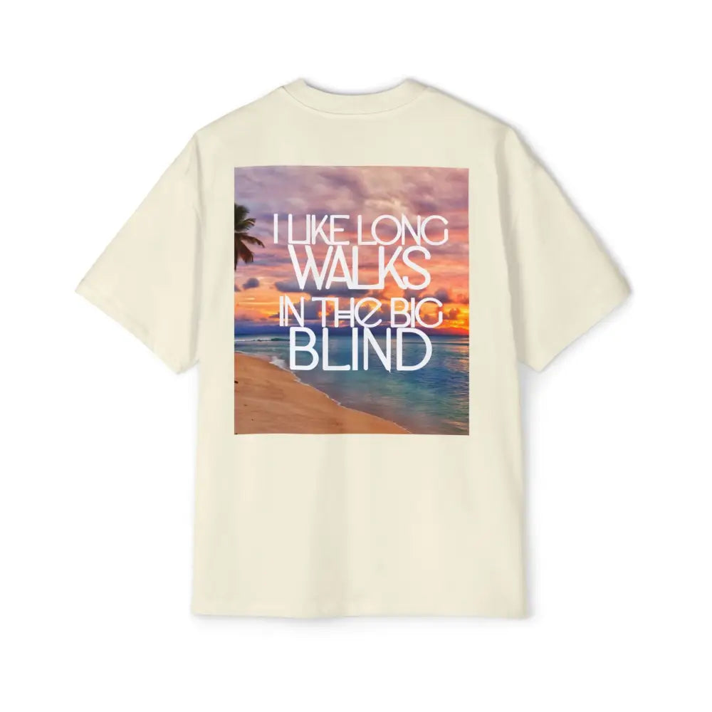 Creme Oversized men's poker t-shirt with "Long Walks in the Big Blind" quote on back in creme text – funny poker gift idea for players.
Front: GAMBLE (Black Text)