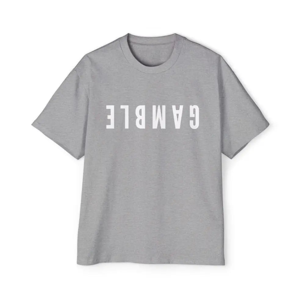 A gray oversized t-shirt with the word 'GAMBLE' printed in white letters on the front.