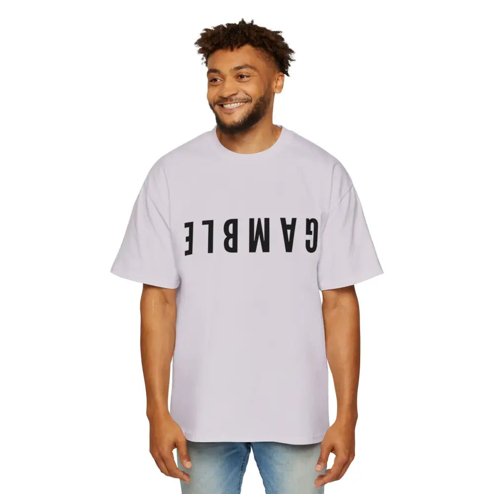 Lilac Oversized men's poker t-shirt with "Long Walks in the Big Blind" quote on back – funny poker gift idea for players.
Front: GAMBLE (Black Text)