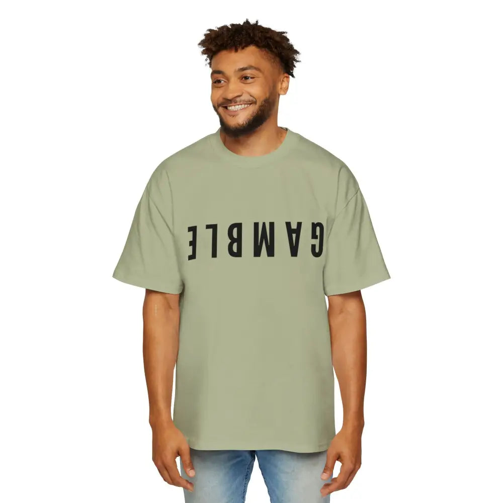 Tree Green Oversized men's poker t-shirt with "Long Walks in the Big Blind" quote on back in white text – funny poker gift idea for players.
Front: GAMBLE (Black Text)