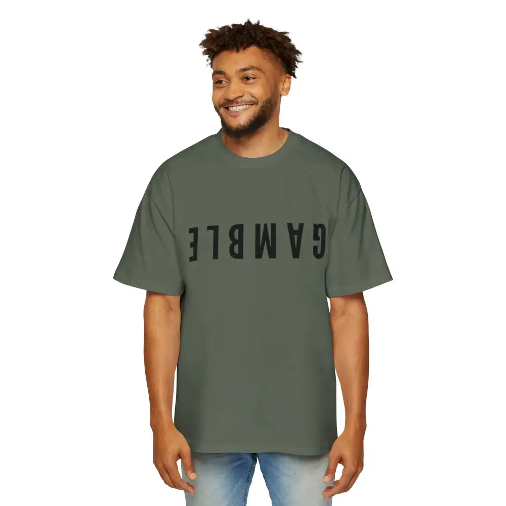 Green Oversized men's poker t-shirt with "Long Walks in the Big Blind" quote on back – funny poker gift idea for players.
Front: GAMBLE