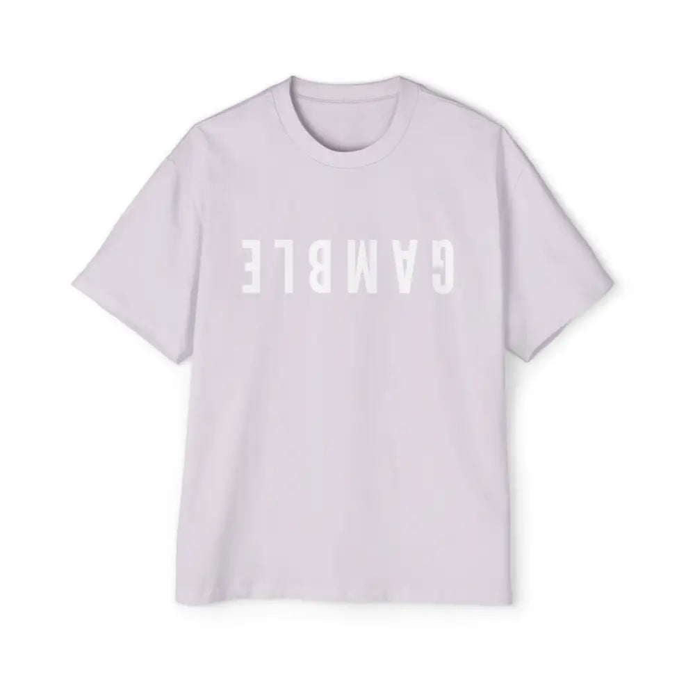 A light purple oversized t-shirt with the word 'GAMBLE' printed in white letters on the front. Thick. Comfy.