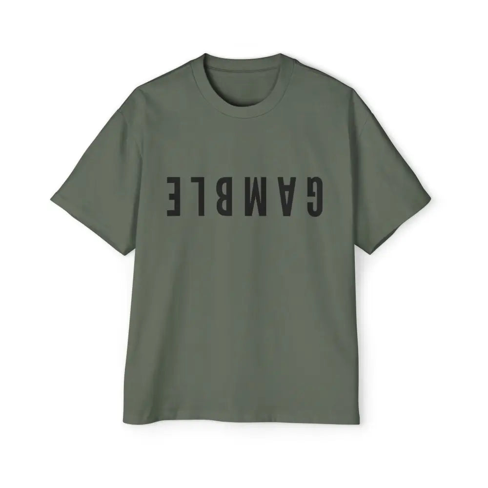 Green Oversized men's poker t-shirt with "Long Walks in the Big Blind" quote on back – funny poker gift idea for players.
Front: GAMBLE