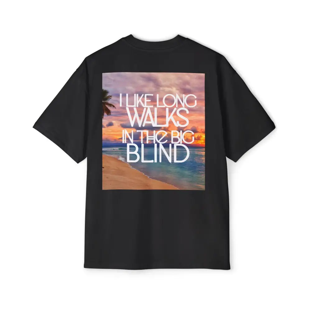 Back: Oversized men's poker t-shirt with "Long Walks in the Big Blind" quote – funny poker gift idea for players. 
Front: GAMBLE