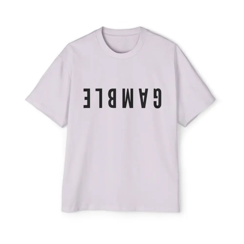Lilac Oversized men's poker t-shirt with "Long Walks in the Big Blind" quote on back – funny poker gift idea for players.
Front: GAMBLE (Black Text)