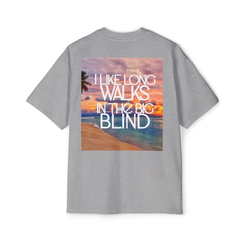 Gray Oversized men's poker t-shirt with "Long Walks in the Big Blind" quote on back in white text – funny poker gift idea for players.
Front: GAMBLE (Black Text)