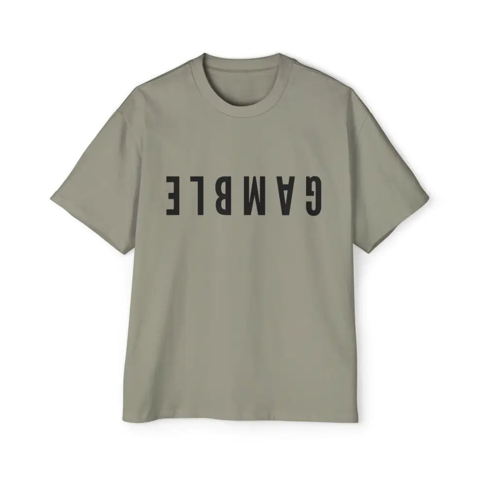 Light Green Oversized men's poker t-shirt with "Long Walks in the Big Blind" quote on back – funny poker gift idea for players.
Front: GAMBLE (Black Text)